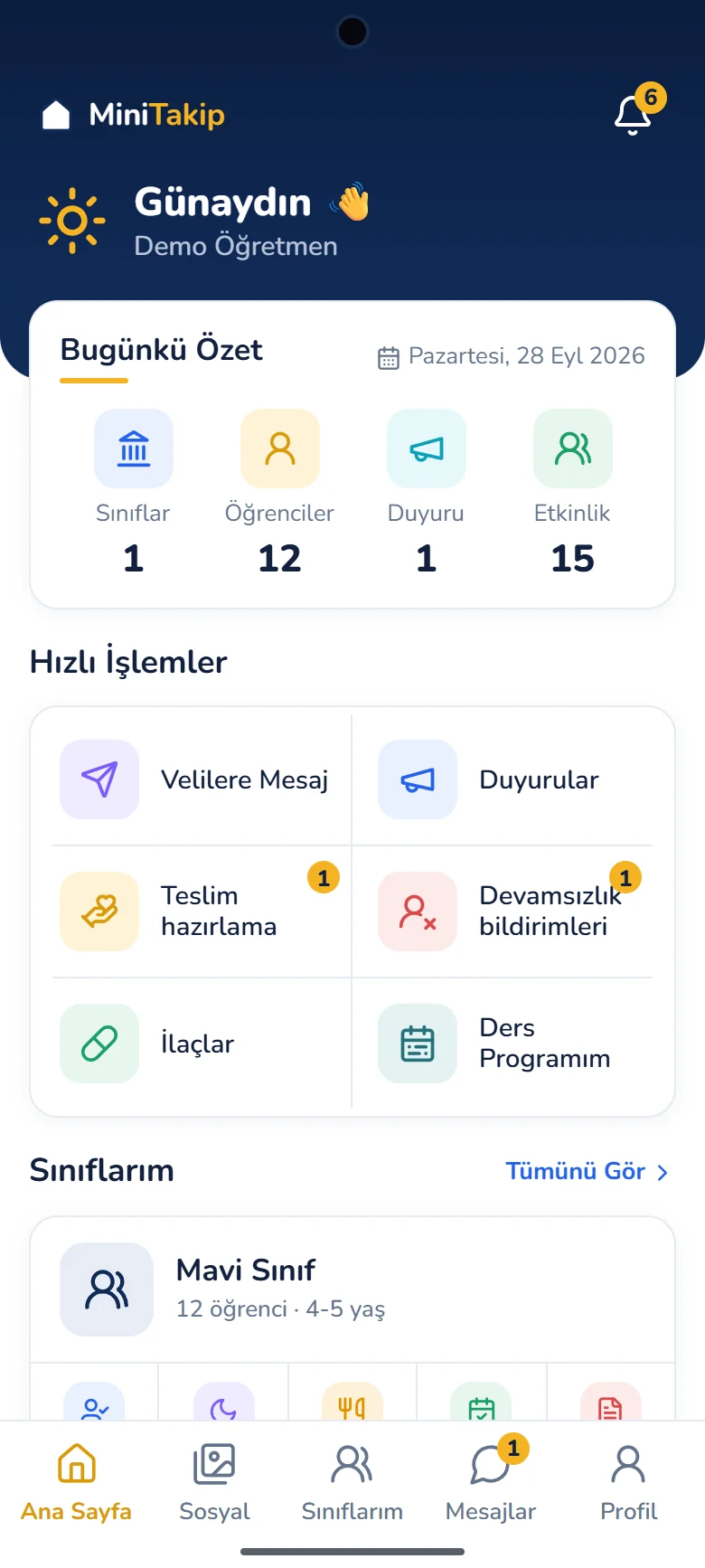 MiniTakip öğretmen ana ekranı: bugünkü özet, hızlı işlemler ve sınıflar