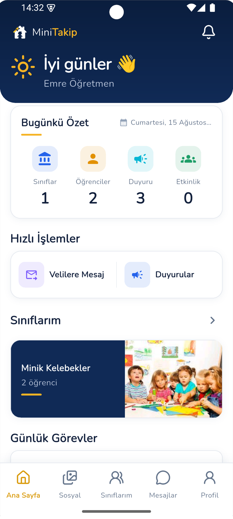 MiniTakip öğretmen ana ekranı: bugünkü özet, hızlı işlemler, sınıflar ve günlük görevler